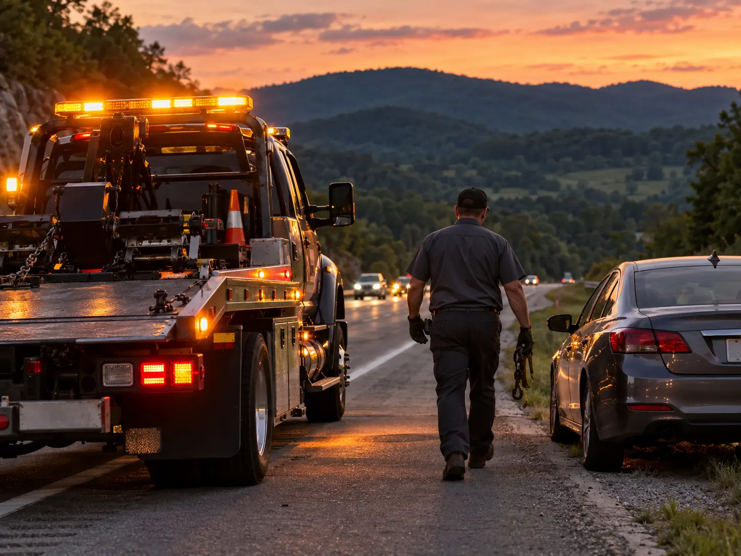 Tow truck with amber lights parked on a Knoxville roadside at dusk while the operator walks to a stranded car