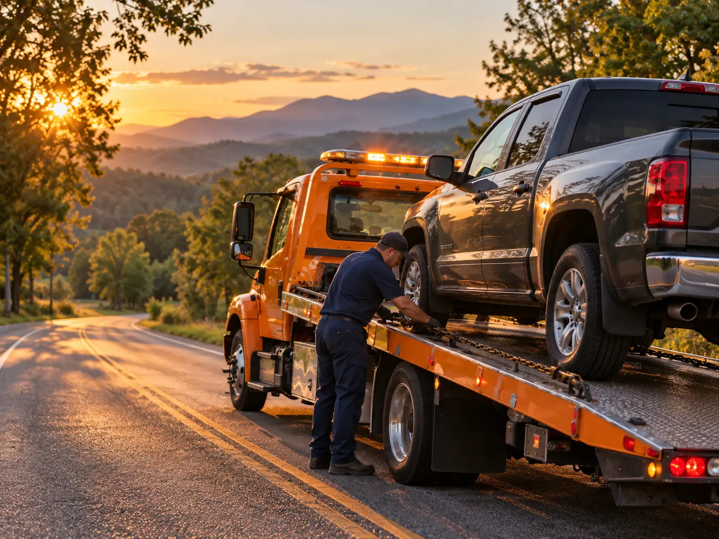 Tow operator securing a dark pickup on an orange flatbed on a tree-lined road near Maryville, TN at sunset, mountains behind