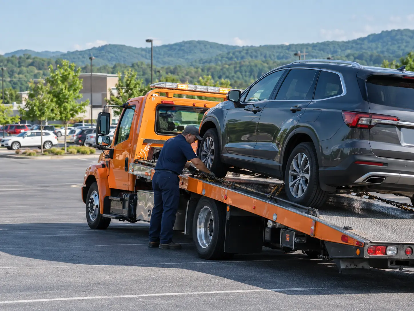 Operator loading a gray SUV onto an orange flatbed tow truck in a Farragut, TN parking lot with green hills behind