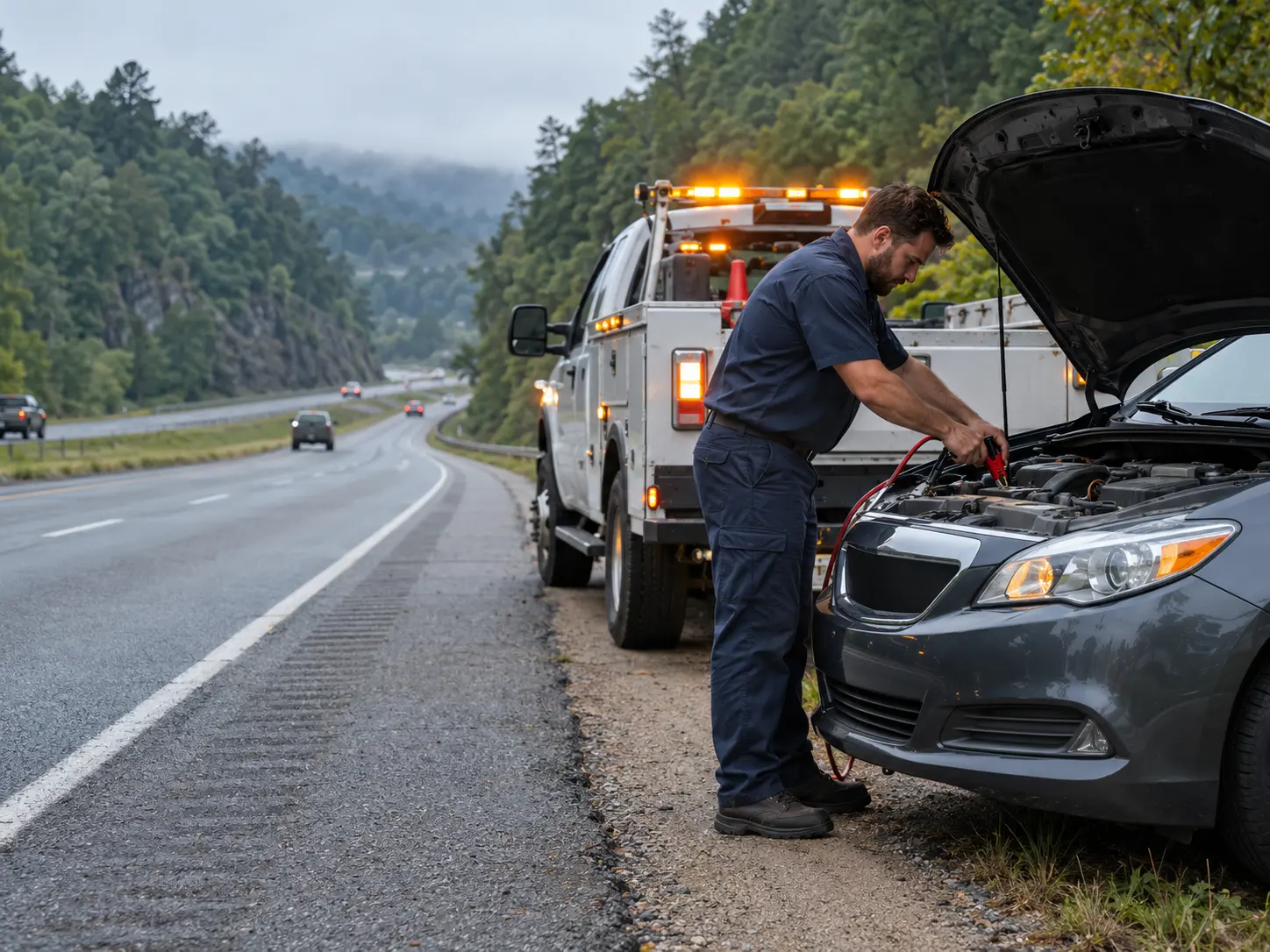 Roadside technician jump-starting a gray sedan on the shoulder of a wooded divided highway near Oak Ridge, TN, service truck with amber lights behind