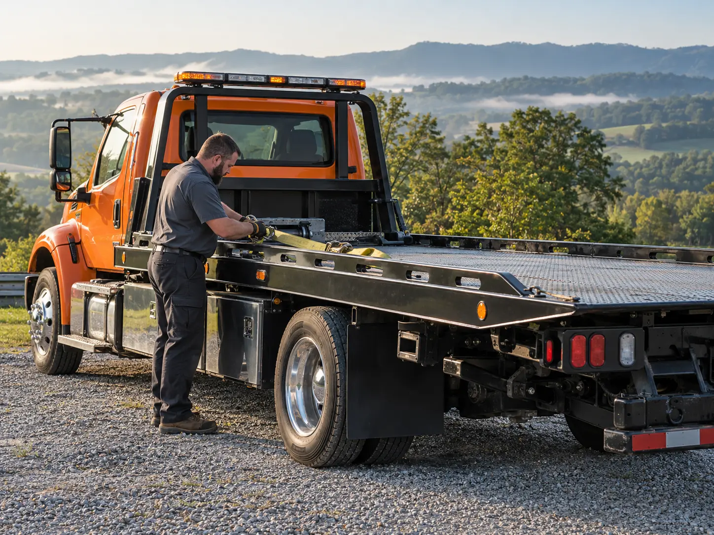 Orange flatbed tow truck in a gravel lot with misty East Tennessee hills behind, operator checking a strap