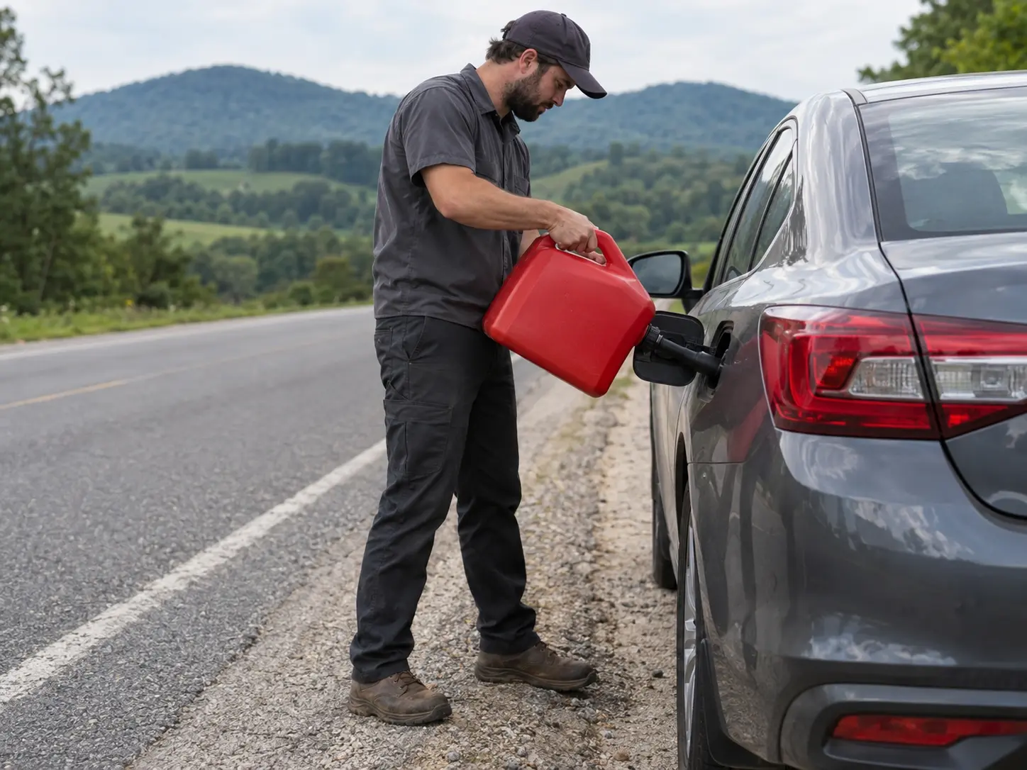 Emergency fuel delivery to a stranded car on a rural road